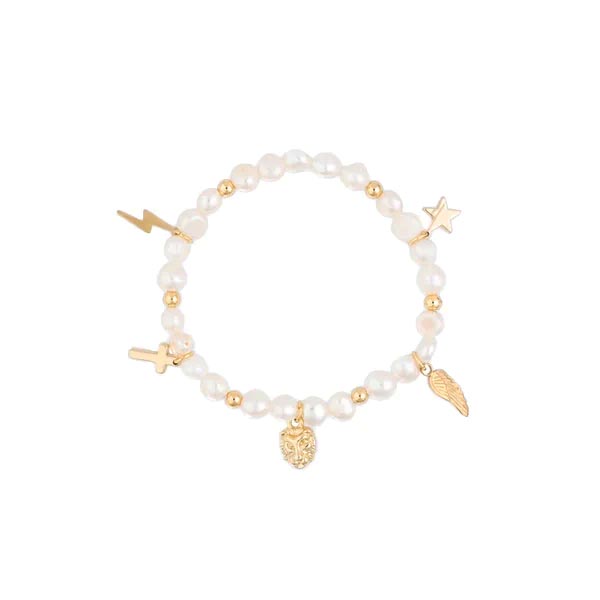 Pearl Bead Bracelet 6 mm W/5 Charms White Pearl