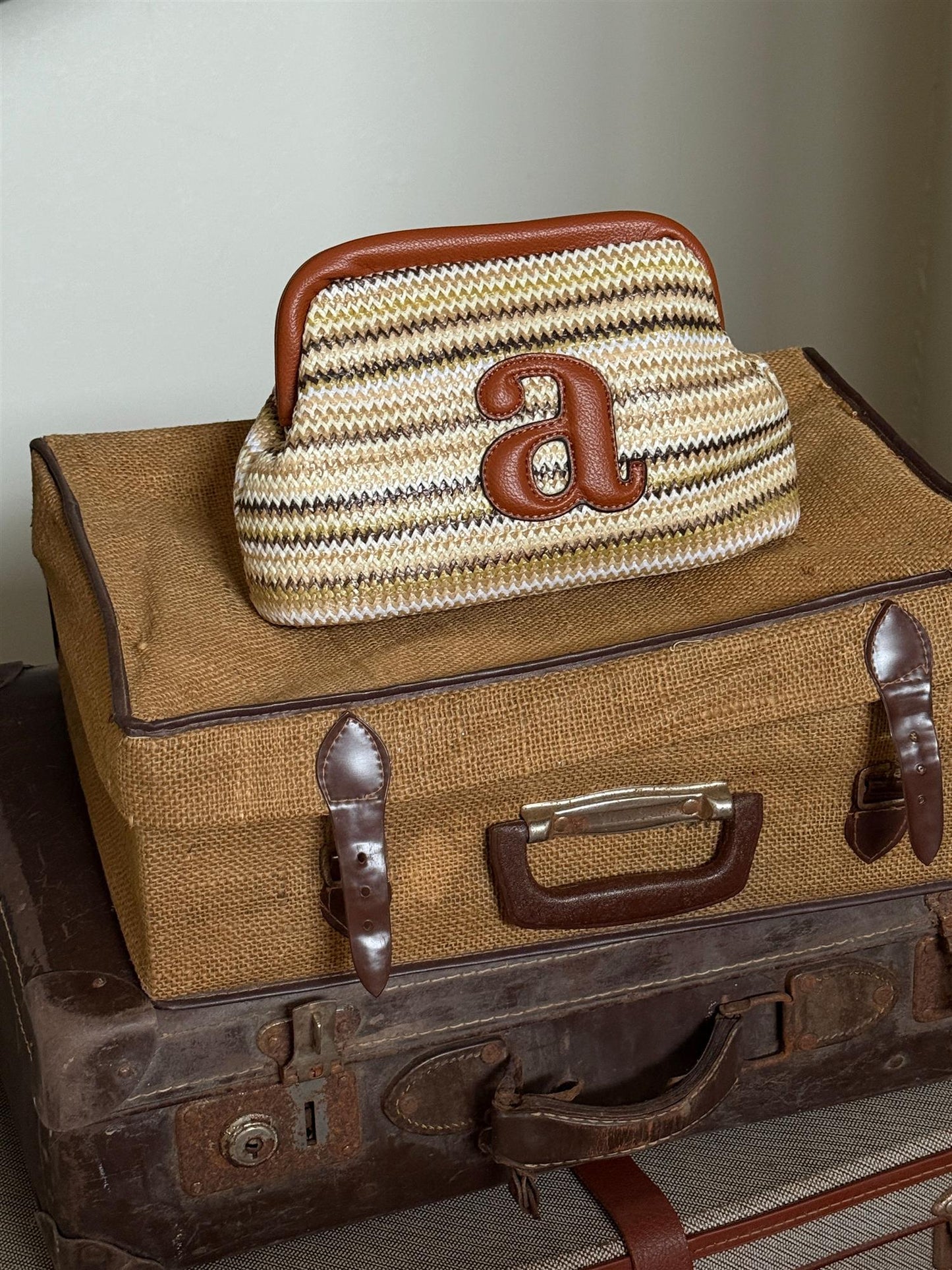 Raffia Clutch Stripe Ecru Combo