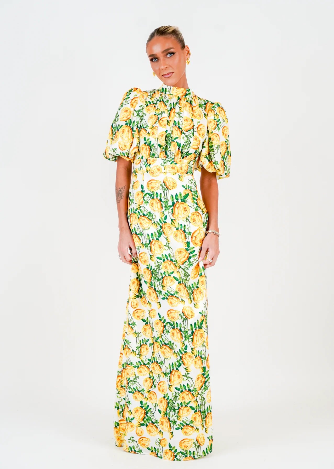 Holly Print Dress Long Yellow Roses