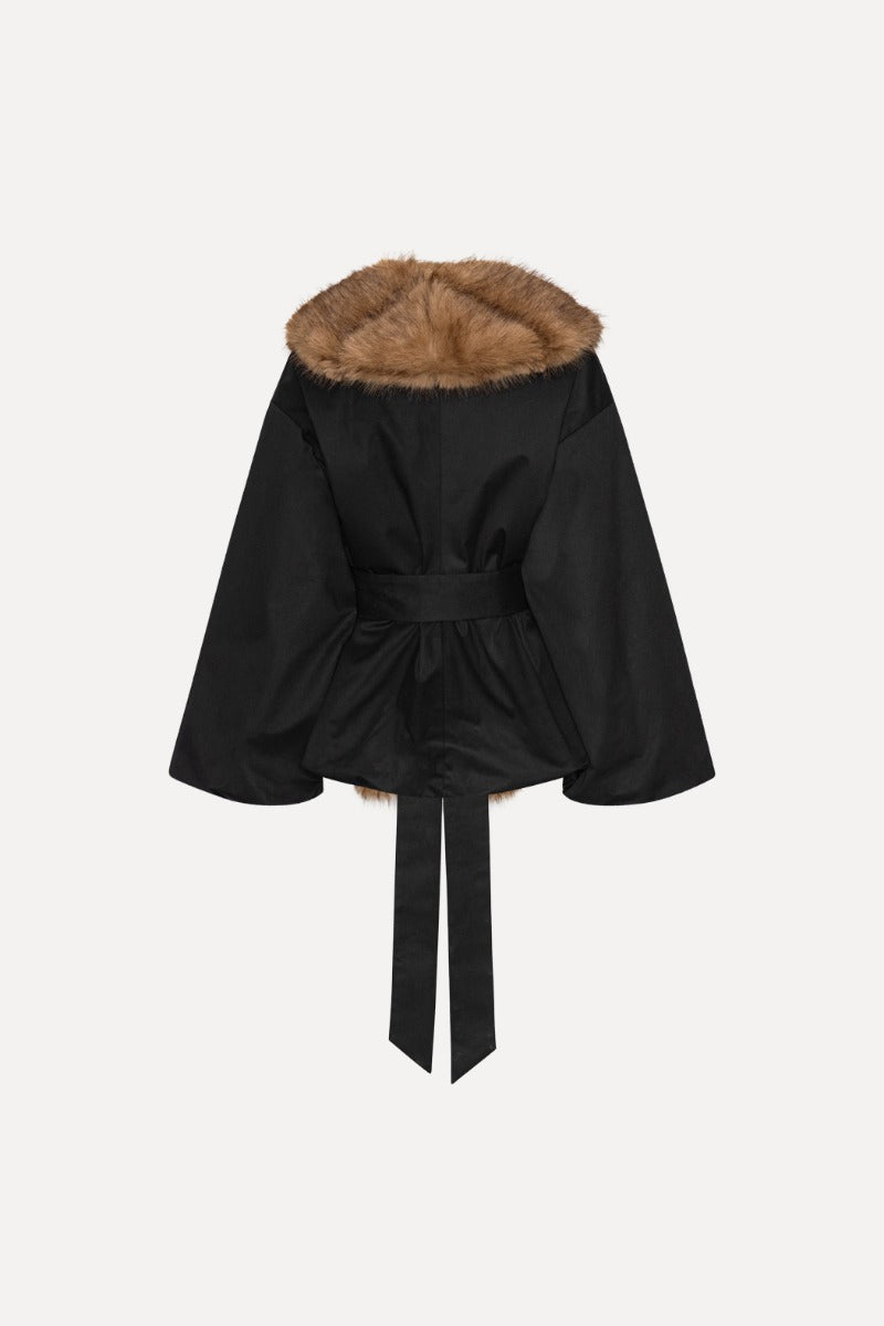 Faux Fur Collar Jacket - Black