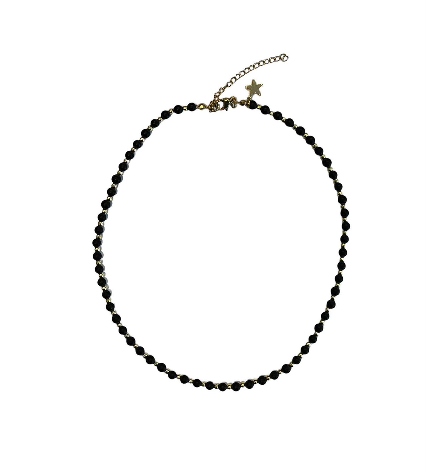 STONE BEAD NECKLACE 4 MM W/GOLD BEADS MATTE BLACK
