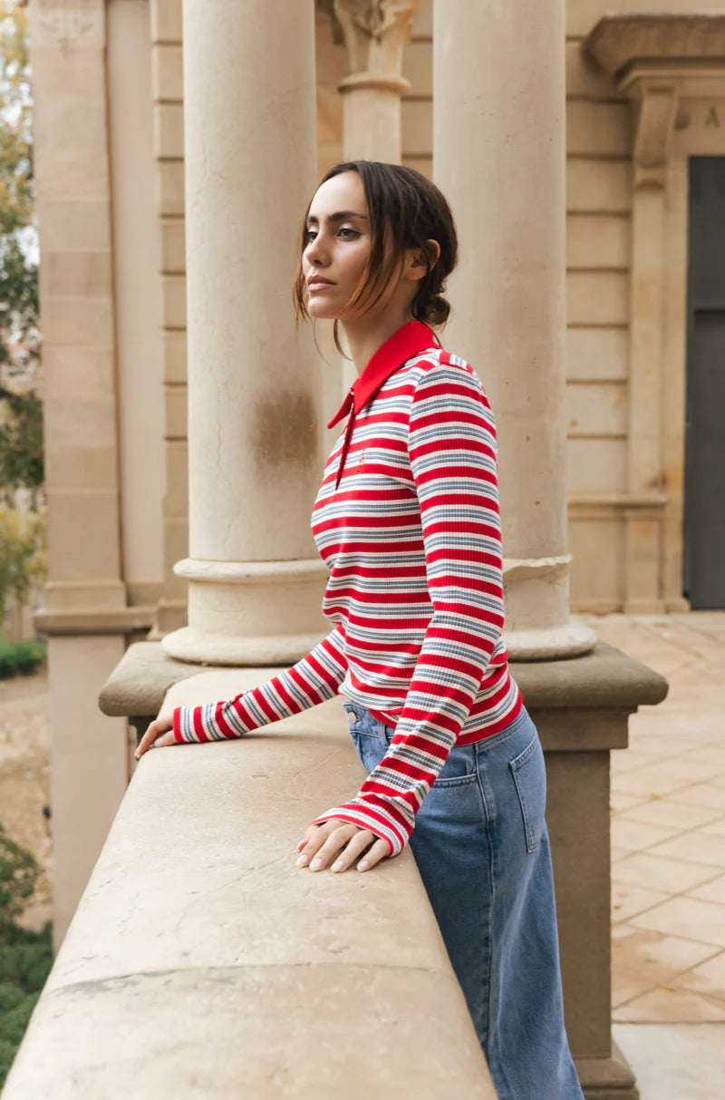 Lesliecras Polo Blouse - Red Blue Stripe