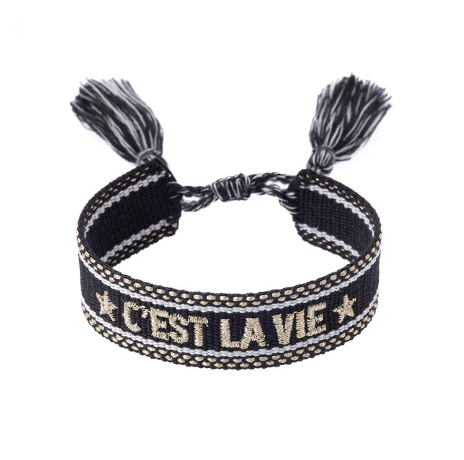 Woven Friendship Bracelet "C'est La Vie" Black W/Gold