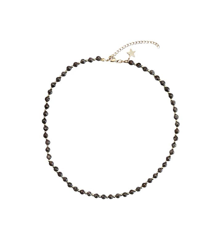 STONE BEAD NECKLACE 4MM W/ GOLD BEADS CHOCOLATE BROWN