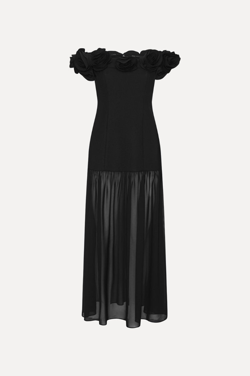 Crepe Maxi Flower Dress - Black