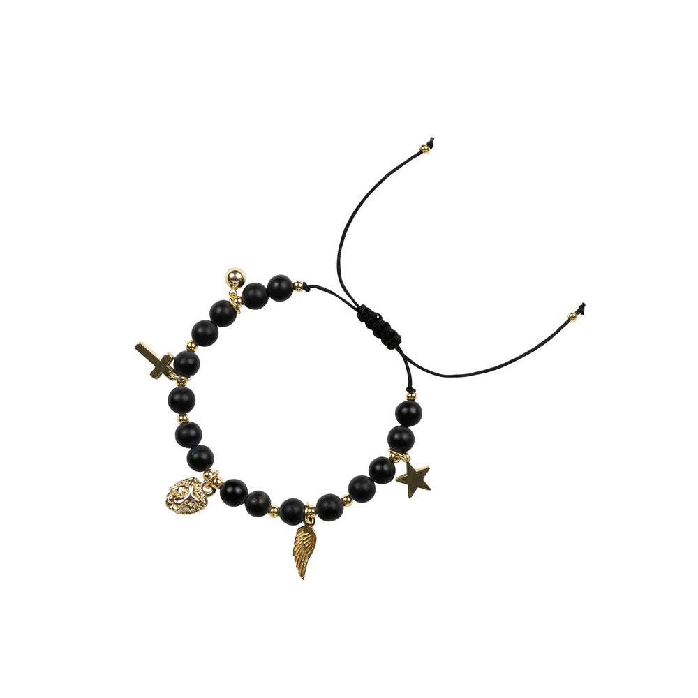 STONE BEAD BRACELET 6 MM W/CHARMS Matte Black