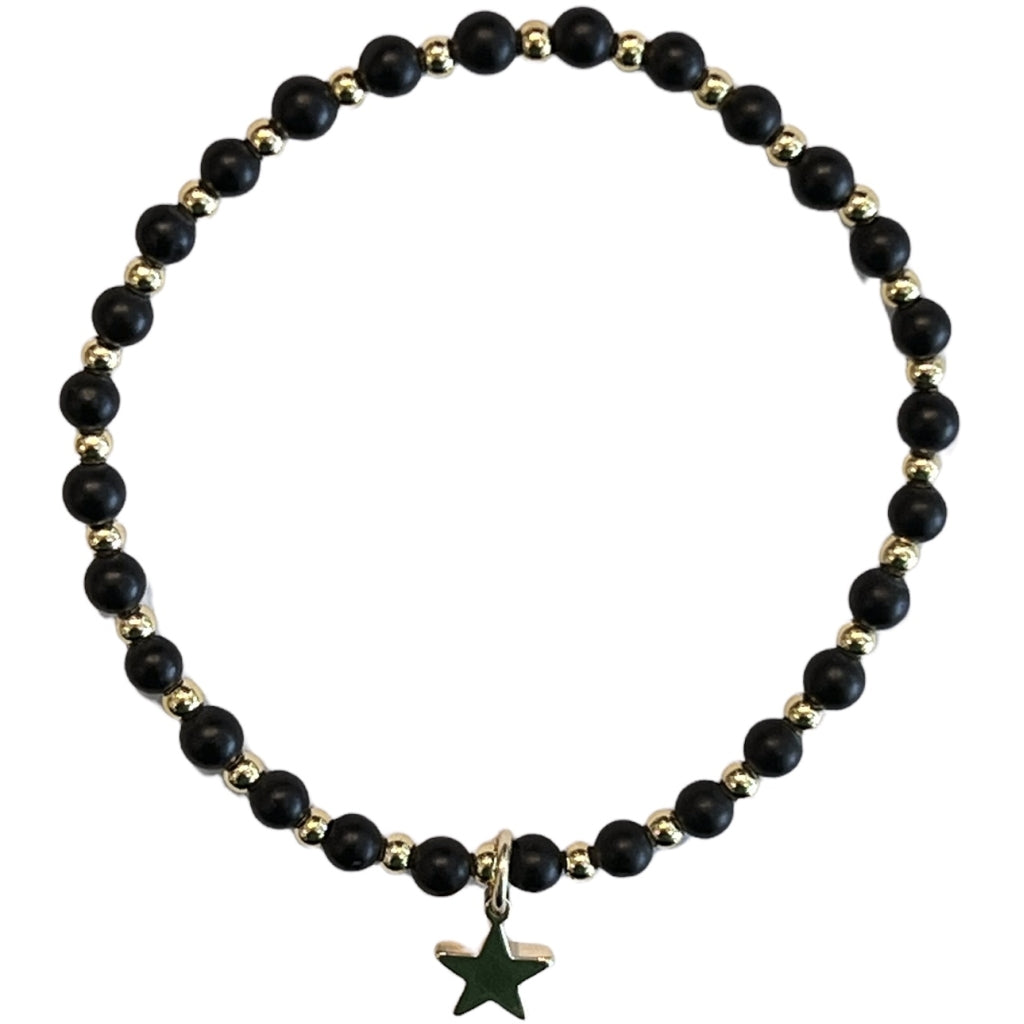 Stone Bead Bracelet 4 mm W/Gold Beads Matte Black