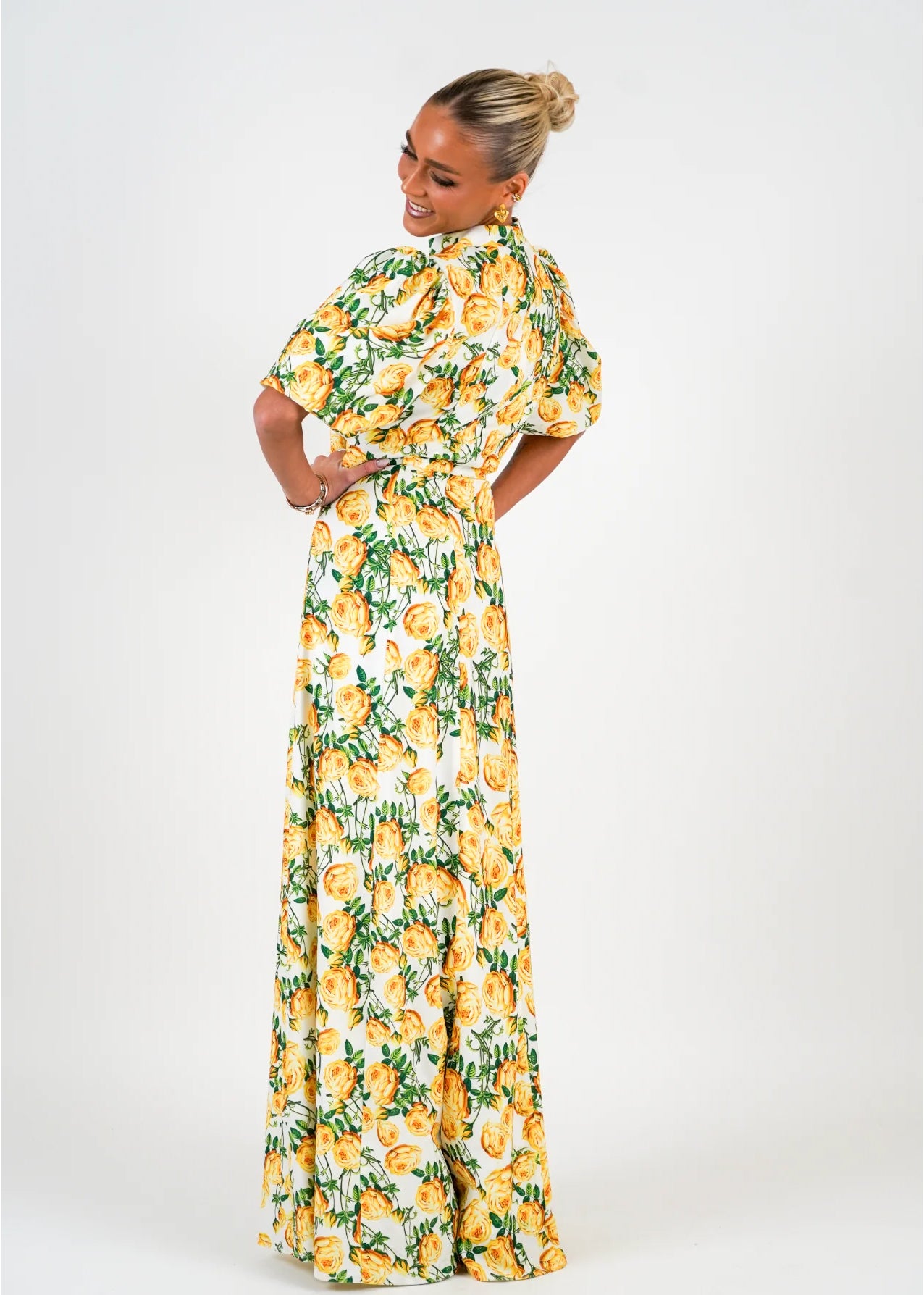 Holly Print Dress Long Yellow Roses