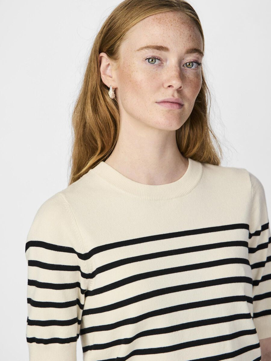 YasLena SS Knit Pullover Birch Black Stripes