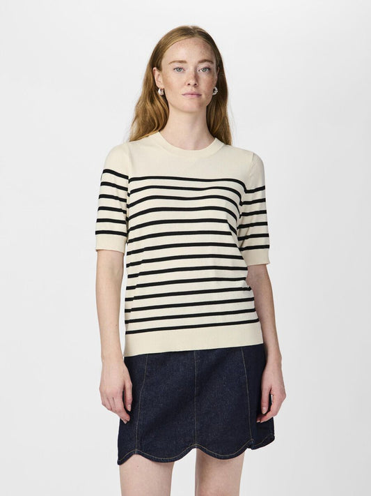 YasLena SS Knit Pullover Birch Black Stripes