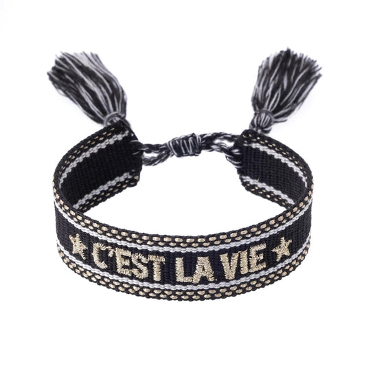 Woven Friendship Bracelet "C'est La Vie" Black W/Gold