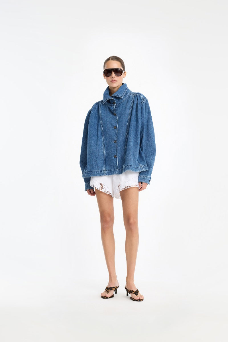Gathered Denim Jacket - Medium Blue Denim