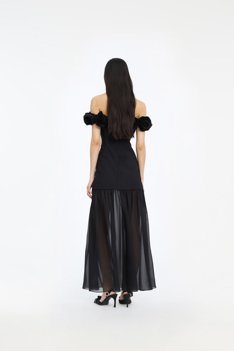 Crepe Maxi Flower Dress - Black