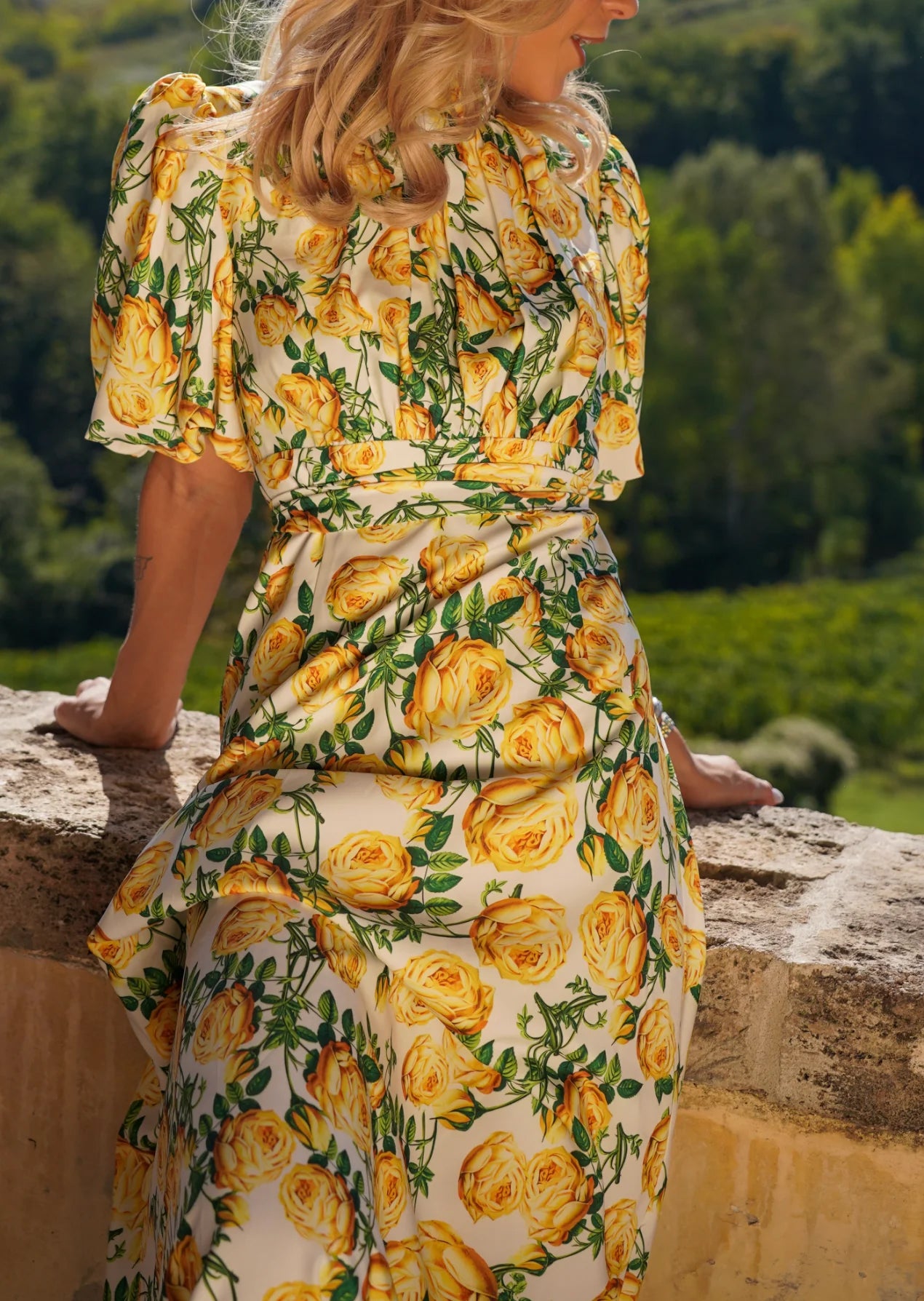 Holly Print Dress Long Yellow Roses