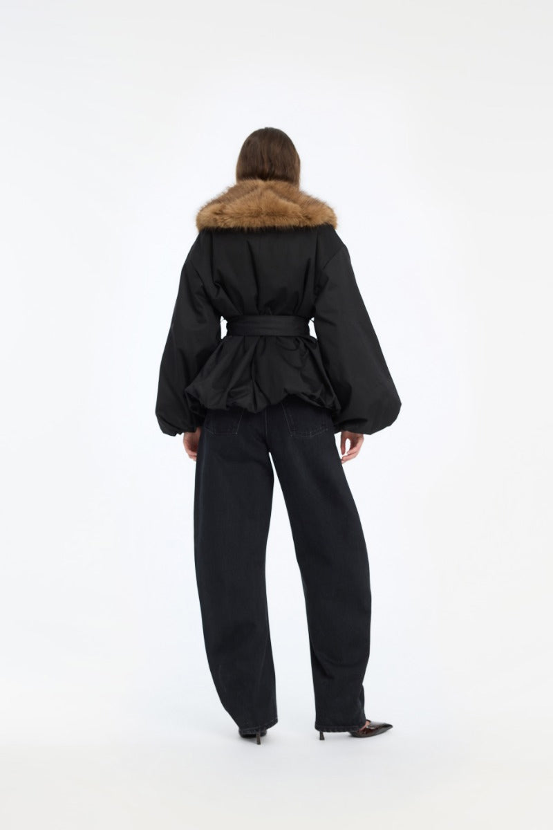 Faux Fur Collar Jacket - Black