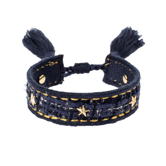 Tweed Friendship Bracelet W/Star Studs Navy Blue