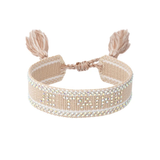 Woven Friendship Bracelet W/Crystals "Je T'aime" Sand