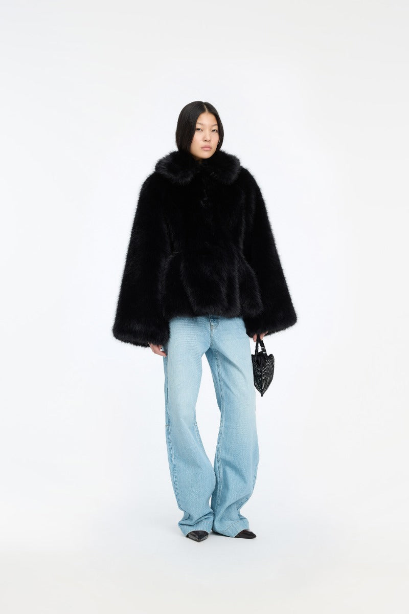 Faux Fur Flared Jacket - Black