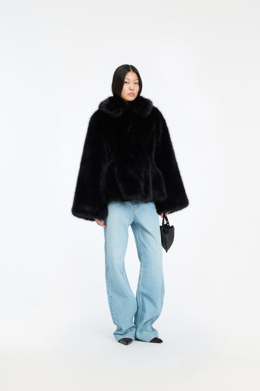 Faux Fur Flared Jacket - Black