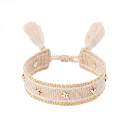 Woven Friendship Bracelet W/Star Studs Light Sand W/Gold