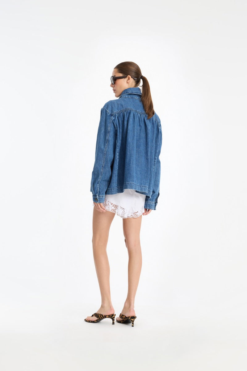 Gathered Denim Jacket - Medium Blue Denim