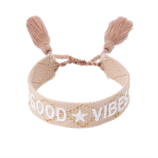 Woven Friendship Bracelet "Good Vibes" Sand W/Gold