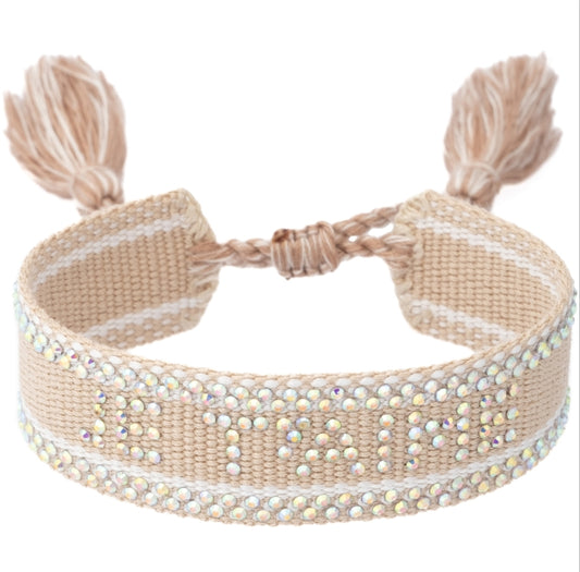 Woven Friendship Bracelet w/Crystals "Je T'aime" Sand