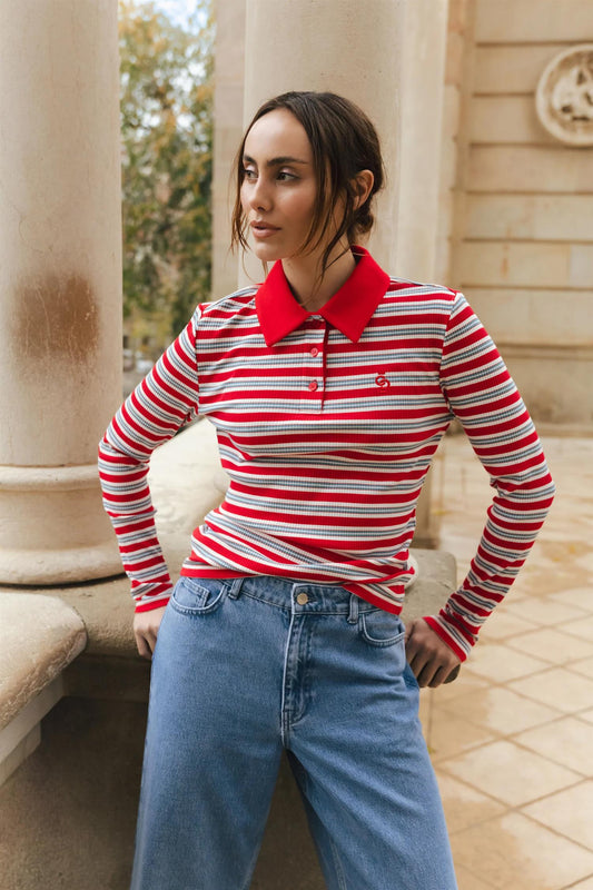 Lesliecras Polo Blouse - Red Blue Stripe