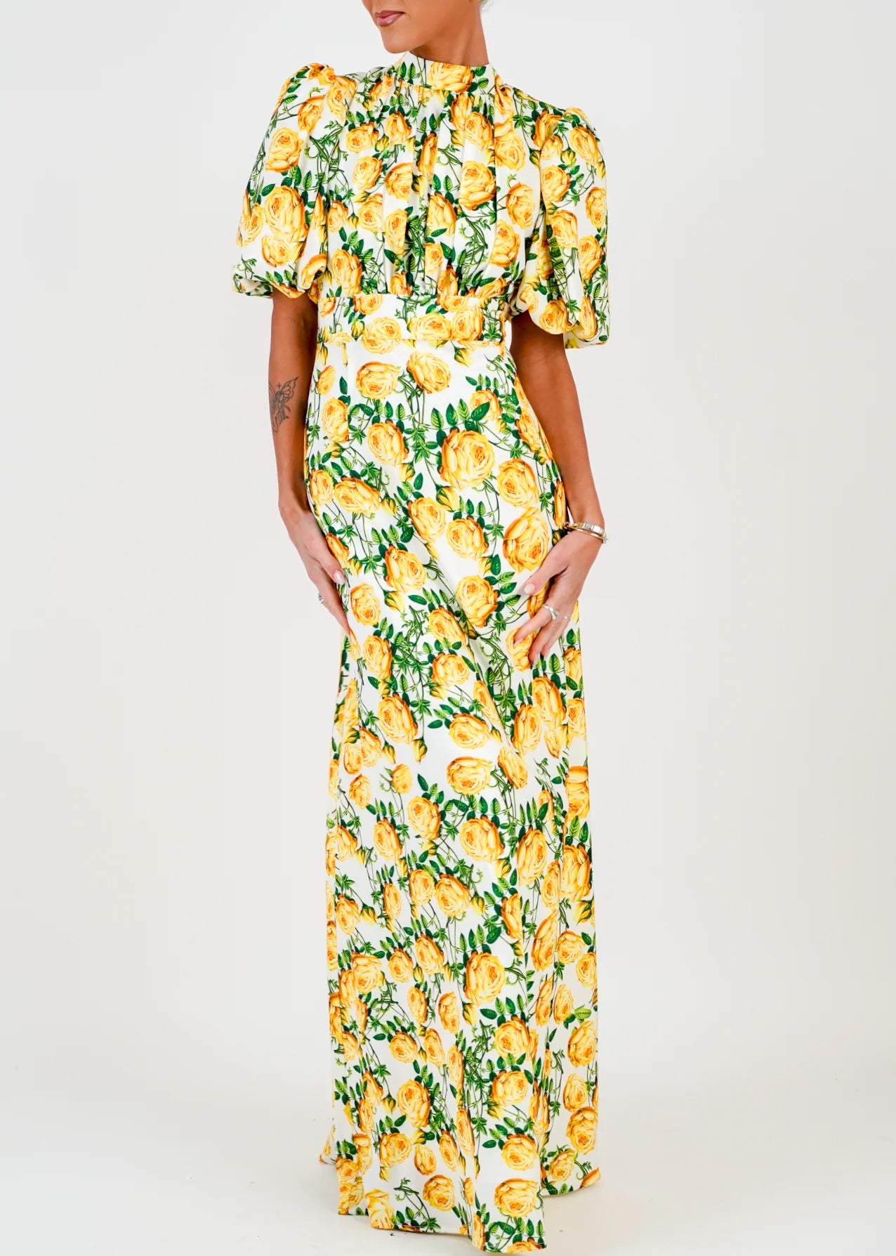 Holly Print Dress Long Yellow Roses