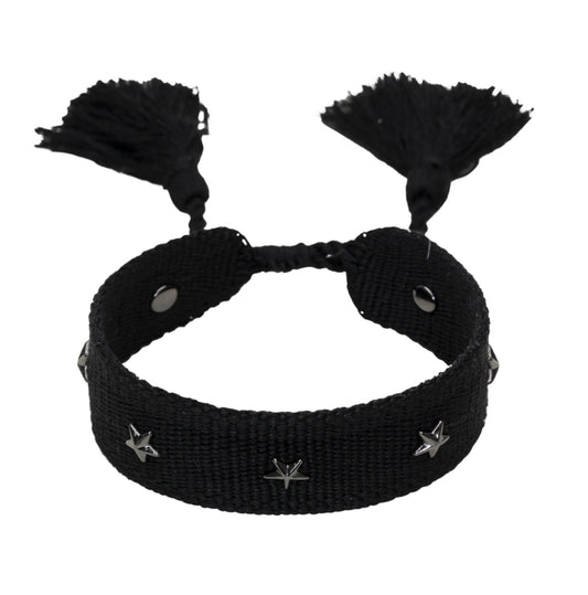 Woven Friendship Bracelet w/Star Studs Black w/Gun