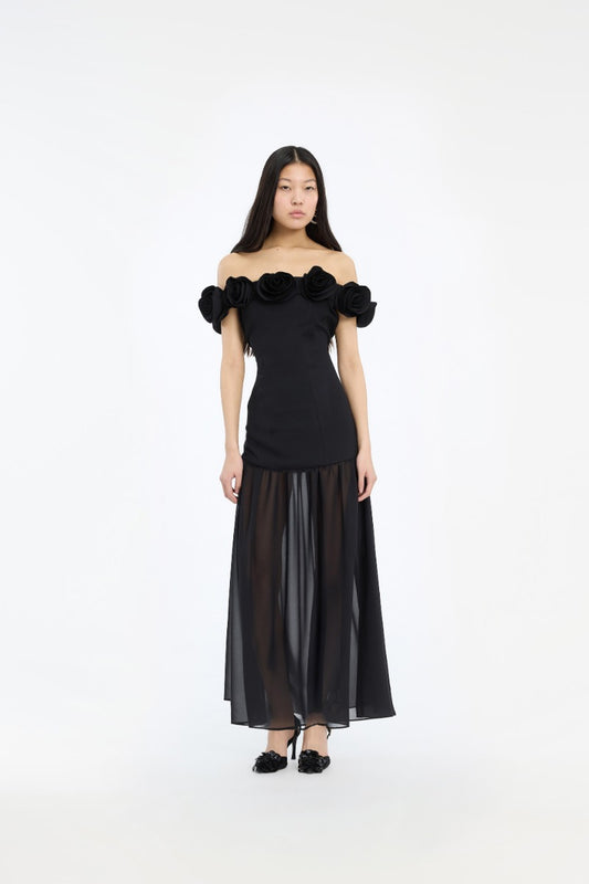 Crepe Maxi Flower Dress - Black