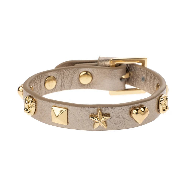 Leather Sign Stud Bracelet Champagne Metallic