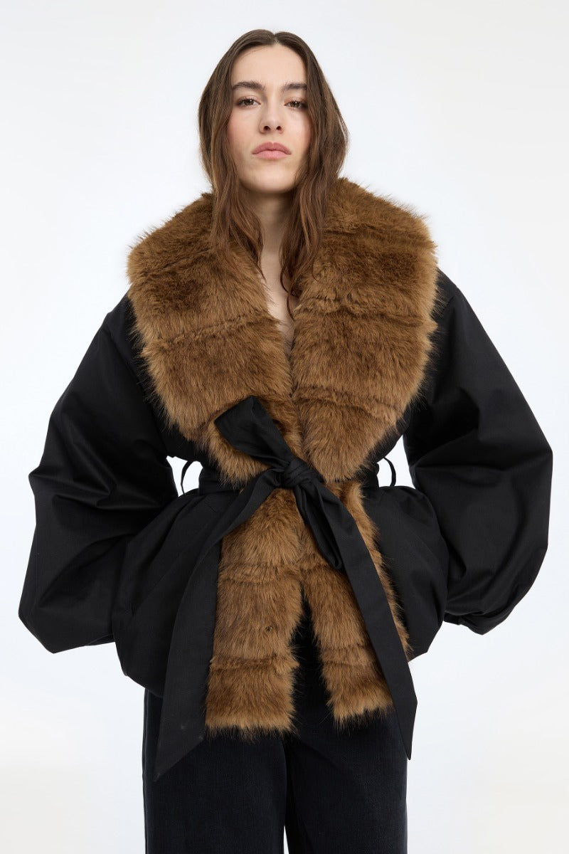 Faux Fur Collar Jacket - Black