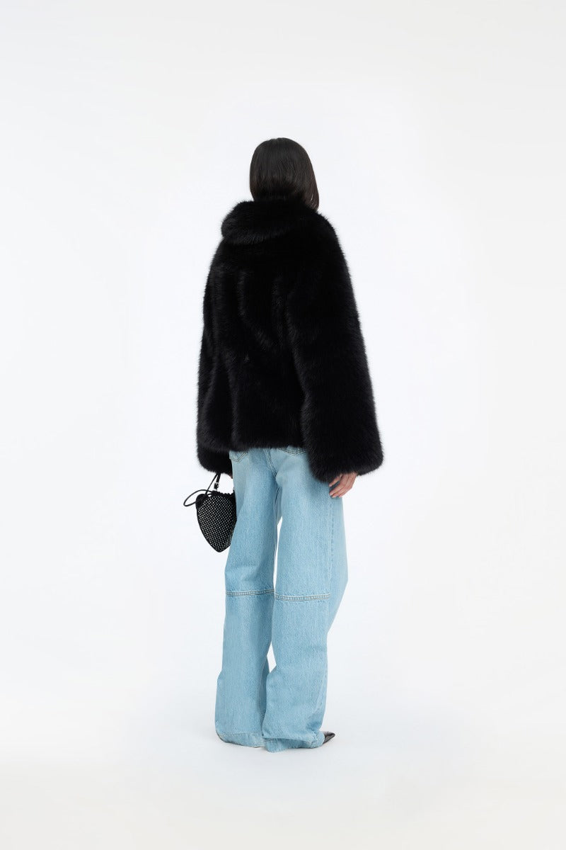 Faux Fur Flared Jacket - Black