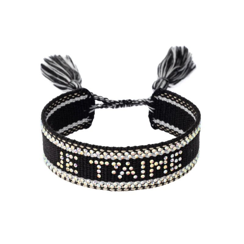 Woven Friendship Bracelet W/Crystals "Je T'aime" Black W/Gold