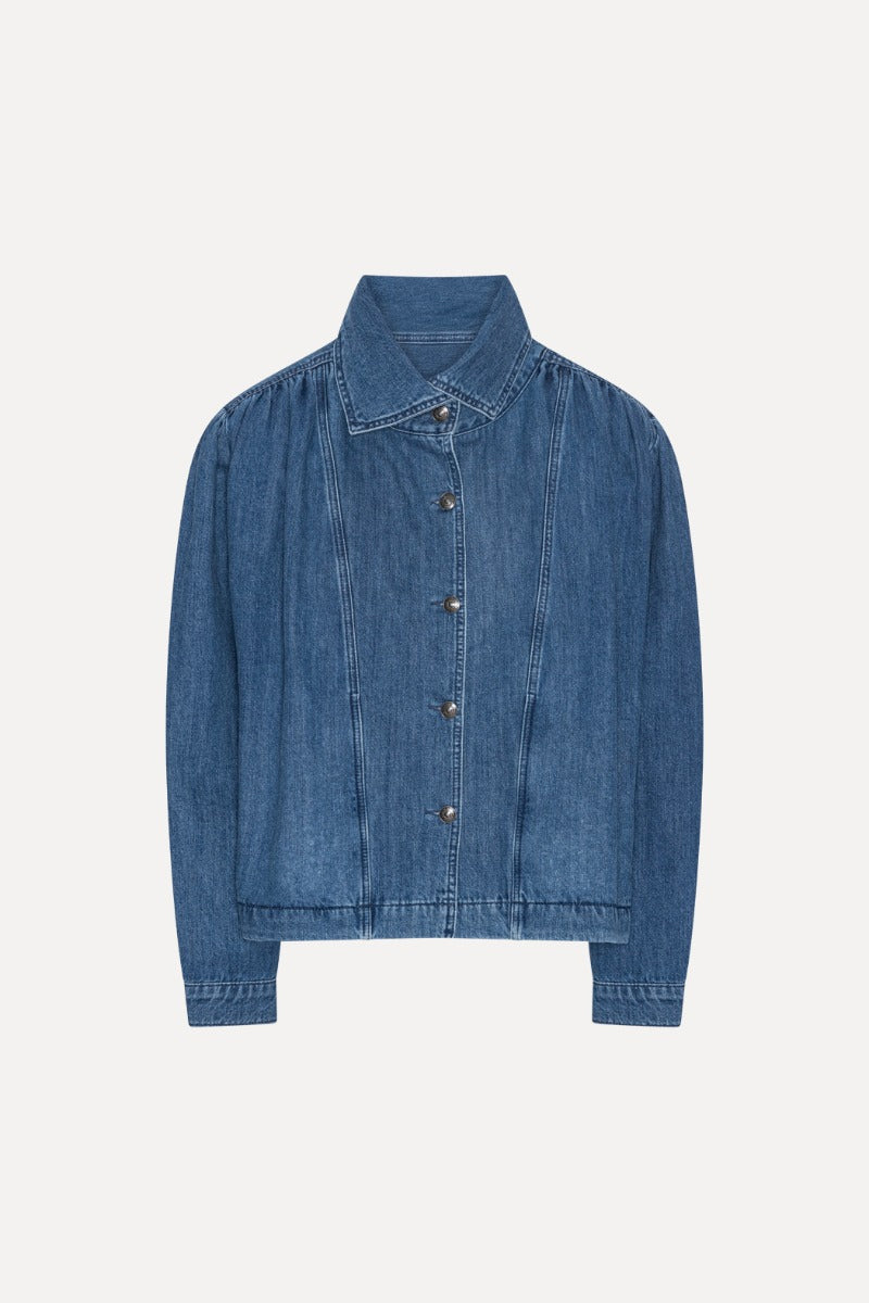 Gathered Denim Jacket - Medium Blue Denim