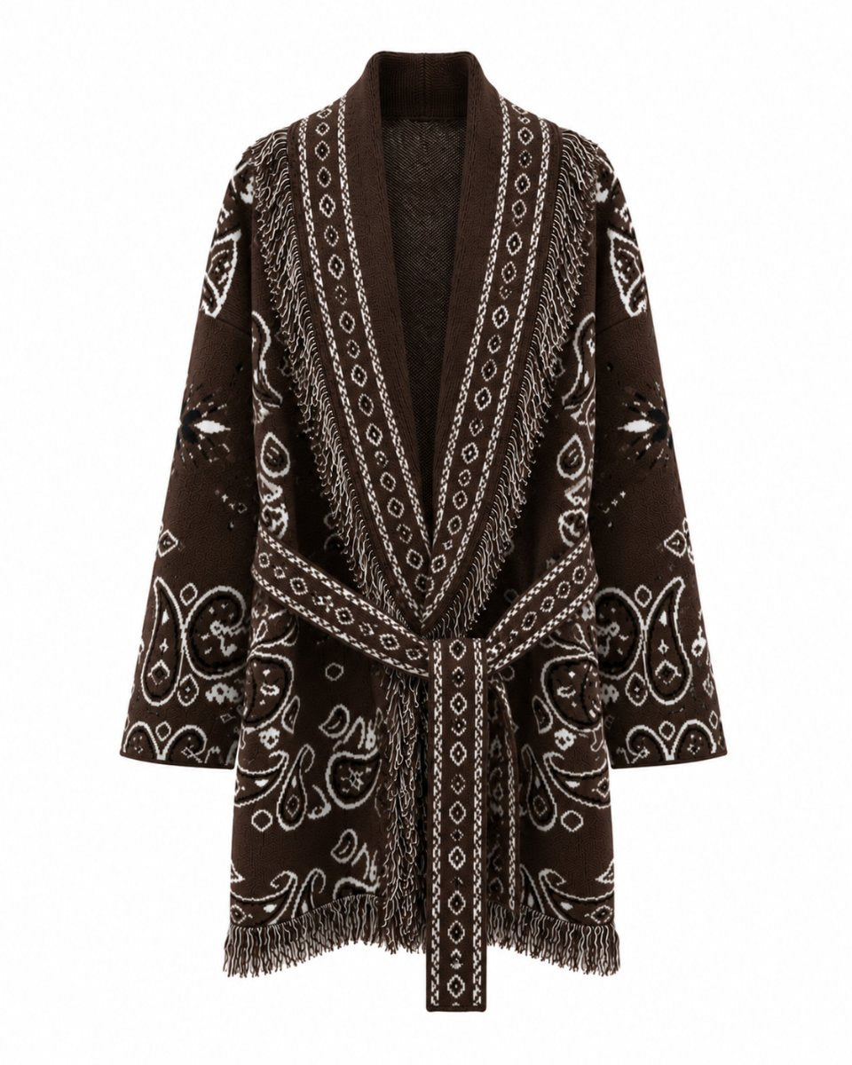 Long Fringed Paisley Jacket - Brown