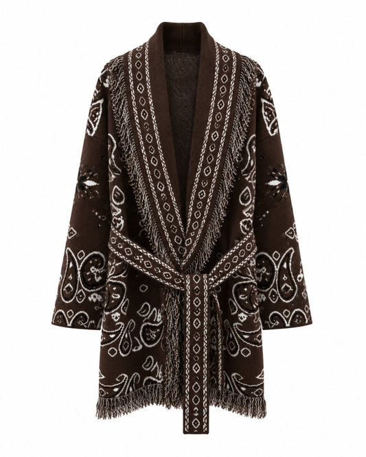 Long Fringed Paisley Jacket - Brown