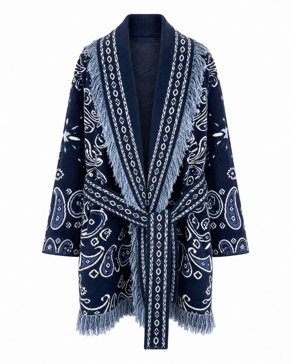 Long Fringed Paisley Jacket - Navy