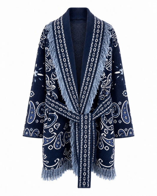 Long Fringed Paisley Jacket - Navy