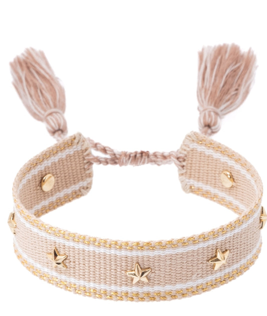 Woven Friendship Bracelet w/Star Studs Sand w/Gold