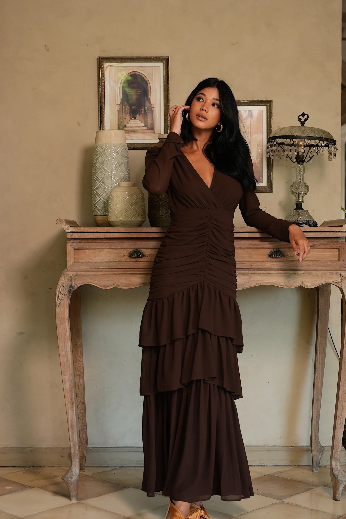 Jenna Long Sleeve Maxi Dress - Espresso