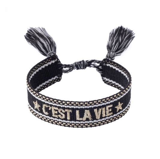 Woven Friendship Bracelet "C'est La Vie" Black W/Gold