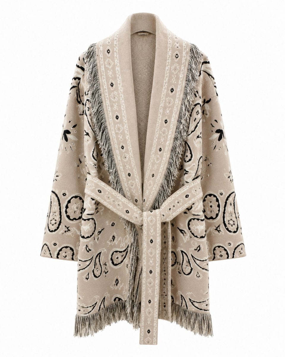 Long Fringed Paisley Jacket - Beige
