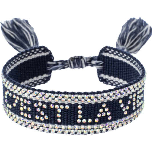 Woven Friendship Bracelet w/Crystals "C'est La Vie" Navy Blue