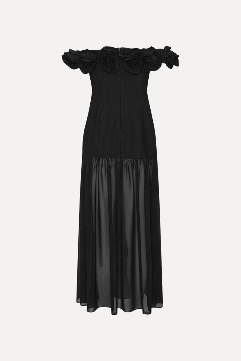 Crepe Maxi Flower Dress - Black