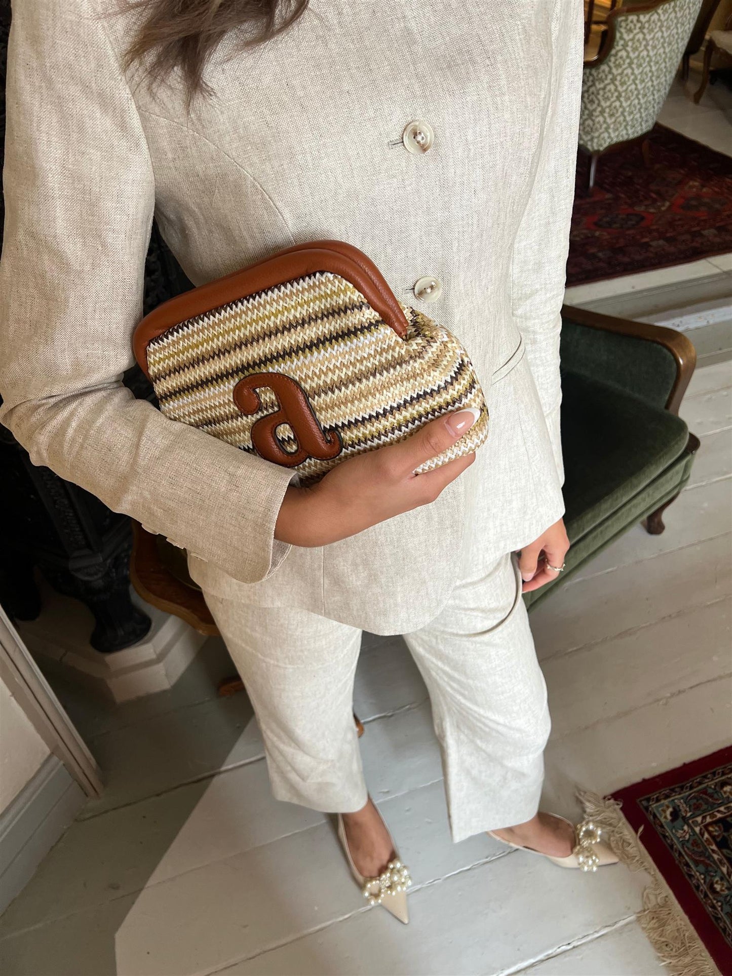 Raffia Clutch Stripe Ecru Combo