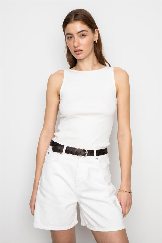 Peggy Rib Boatneck Top - Off-white