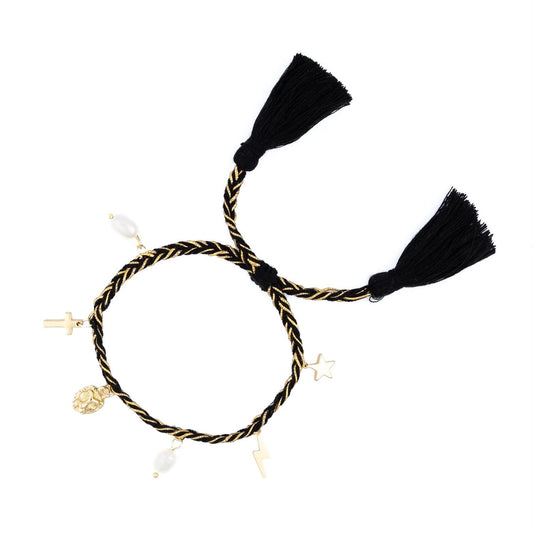 Woven Friendship Bracelet W/Charms Black W/Gold