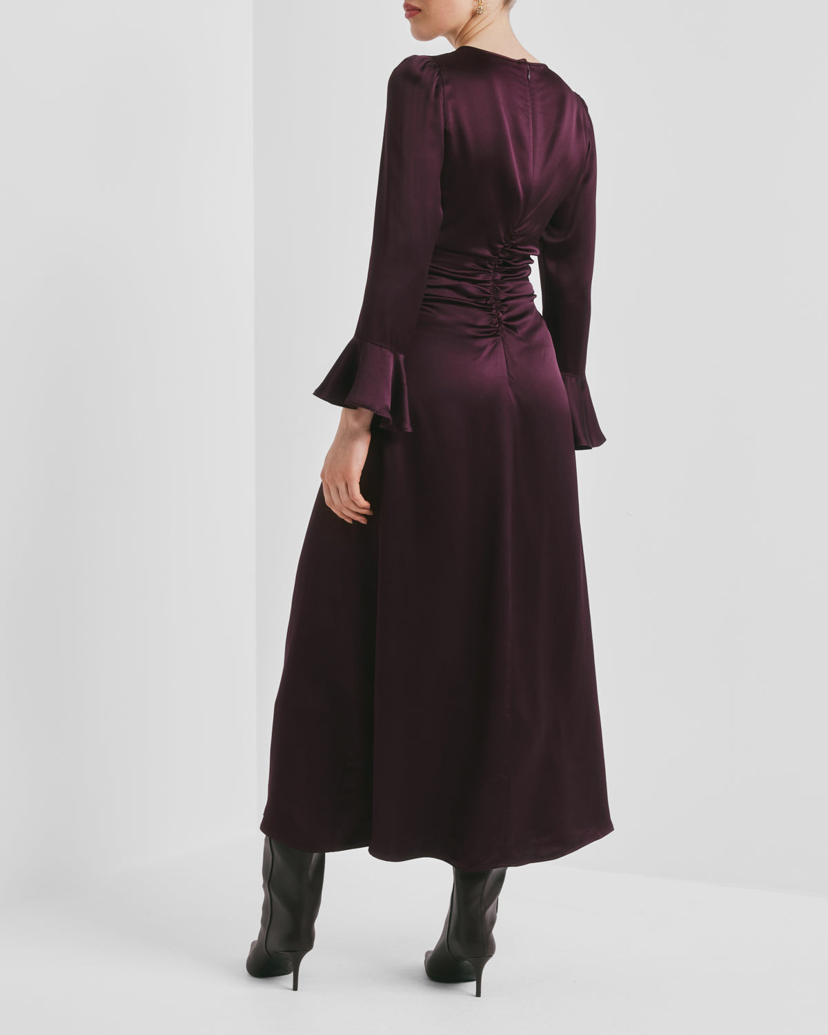 Satin Rouching Dress - Burgundy